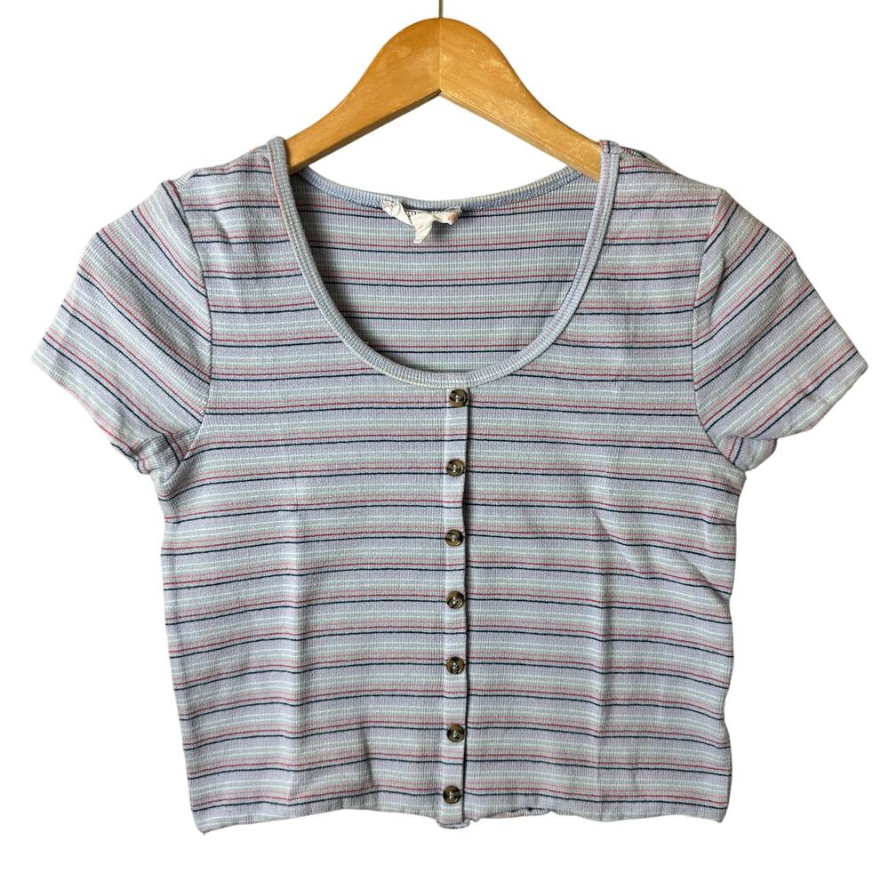 Pink Rose Top Women’s XL Babydoll Ribbed Buttons Stretch Cropped Striped Blue